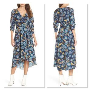 Eliza J: Floral High/Low Faux Wrap Dress in Navy size 6 - NEW
